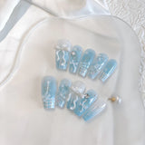 Yeknu  10pcs pure handmade coffin shaped nail art, beautiful fake nails, summer fresh gradient bow, suitable for women to use