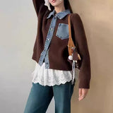 Yeknu  Knitted Autumn Winter Cardigan Women Denim Patchwork Fashion Ladies Cardigans Casual Loose Woman Sweater Coats