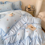 Yeknu  French Hepburn style 4-piece bed set, Korean princess lace washed cotton embroidery duvet set, bedsheet and bedsheet 3-piece set