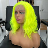 Yeknu  Short Curly Wavy Bob Wigs for Women Synthetic Free Part Shoulder Length Neon Green 13X4 Lace Front Wigs for Party Cosplay