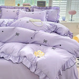 Yeknu  French Ins Princess Style Lace Four-piece Set Washed Cotton Embroidered Quilt Cover Set Bow Girly Heart Bed Sheet Three-piece