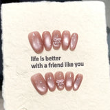 Yeknu  10pcs Handmade Oval Shaped Press on Nails Pink Purple Cat Eye Fake Nail Tips Wearable Reusable 3D Bow Design Korean False Nails