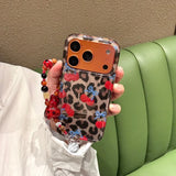 Yeknu  Niche high-end leopard print blue bow cherry chain suitable for 17promax Apple 16 mobile phone case all-inclusive edge