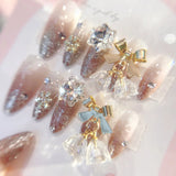 Yeknu  Gradient Blue Fake Nails with Flower Crystal Design Glitter Fake Nails for Lady Girls Christmas Gifts Artificial Nails Handmade