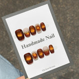 Yeknu  24Pcs Autumn Maillard Press on Nails Amber Smudge Nail Mirror Powder False Nails Short Square Nail French Tip Gradient Fake Nail