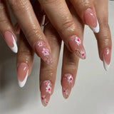 Yeknu  Short Glossy Oval Press-On Nails with French Glitter Tips Spring Flower Designs False Nail Tips for Women&Girls Manicure Look