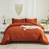 Yeknu  Boho Tassel Comforter Set in Burnt Orange, 3-Piece Lightweight Fall Bedding with Rust Accents (90x90In & 2 Pillowcases)