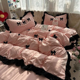 Yeknu  Ins Pink Bow Bedding Set Ruffles Duvet Cover Set Flat Sheet Set Women Girls Princess Bed Linen Set Single Twin Queen Bedclothes