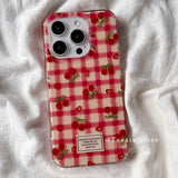 Yeknu Cute Korean Girl Heart Cherry Phone Case for iPhone 15 16 promax 11 12 13 Pro Mini X XS 7 8 Plus Silicone Grid Pattern Cover Y2k