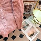 Yeknu  Women V-Neck Pink Cardigan Loose Long Sleeve Knit Sweater Harajuku Vintage Y2k Oversize Japanese Cashmere Sweater 2000s Clothes
