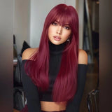 Yeknu  Burgundy Layered Wig Natural Straight Long Burgundy Wig Synthetic Bangs Wig Wine Red Synthetic Wig for Women Daily Party Use