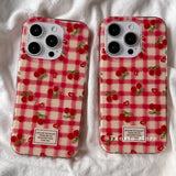 Yeknu Cute Korean Girl Heart Cherry Phone Case for iPhone 15 16 promax 11 12 13 Pro Mini X XS 7 8 Plus Silicone Grid Pattern Cover Y2k