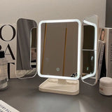 Yeknu  LED Makeup Mirror Desktop with Light, Ins style，Three-sided Folding, Dormitory Desktop, Beauty and Bedroom Dressing Mirror，