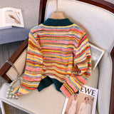 Yeknu  Women Rainbow Striped Cardigan Sweater Korean Style Long Sleeves Cashmere Sweater Vintage Knitwear Y2k 2000s Clothes Autumn