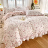 Yeknu New Ruffles 100% Cotton Duvet Cover Set or Single Duvet Covers Floral Princess Style All Cotton Quilt Cover Queen Blanket Cover