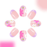 Yeknu  24Pcs Short Almond Press-On Nails Pink Floral French Tip Glossy&Elegant Full Cover Fake Nails for Women&Girls Spring,Daily Wear