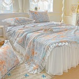 Yeknu  Sweet Floral printed Cool Summer blanket Lace and Ruffle Quilt for Home Skin-Friendly breathable air conditioner Comforters