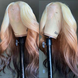 Yeknu  Blonde with Brown Ombre Wig Synthetic Lace Front Wig Long Straight Body Wave 13x4 Frontal Gradient Colored Wigs for Women