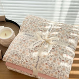 Yeknu Ins floral print Bedding set knitted cotton Flat sheet set Four pieces duvet cover double layer-yarn 4Pcs lovely Fitted sheet