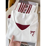Yeknu  Spring Autumn Fake Two Pieces V-neck Long Sleeve T-shirt Women Clothing Casual Loose Chic Patchwork Top Tee All-match Pullovers