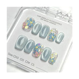 Yeknu  10pcs Glass Bead Cat's Eye Handmade Nails Nude 3D Floral Press on Nail Short Square Full Coverage Nail Tips for Women&Girl Nails