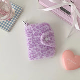 Yeknu  New Girl's Furry Leopard Print Coin Purse,Snap on Card Bag,Key Earphone Storage Bag,Cute Pendant Small Wallet