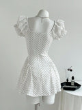 Yeknu  Elamini Sweet Polka Dot Patchwork Ruffle Petal Sleeve Bow Tie Waist Cute Mini Dress For Women