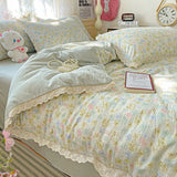 Yeknu Floral Bedding Set Korean Style Duvet Cover Set Bed Linen Set Flat Sheets Set 2 Pillowcases Single Double Queen Size For Student