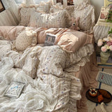 Yeknu  Korean Princess Style Floral Ruffles Bedding Set Skin-friendly Soft Duvet Cover Set Bed Sheet Or Bed Skirt Pillowcases