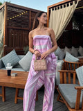 Yeknu Women Striped Fringe Irregular Strapless Top Set Fashion Loose High Waist Wide Leg Pant 2 Pcs Sets Spring Summer Lady Beach Suit