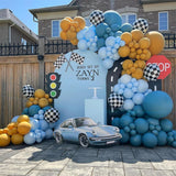 Yeknu 116Pcs Race Car Balloon Garland Kit Two Fast Birthday Decorations Dusty Blue Mustard Yellow Latetx Balloons for Race Cars Party