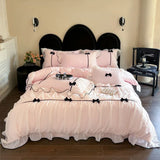 Yeknu  Romantic Lace Princess Black Bow Bedding Set Pink Korean Style Duvet/Comforter Cover Set Bed Sheet/Fitted Sheet Pillowcases 4Pcs