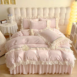 Yeknu  Romantic Lace Design Duvet Cover Set  Lace Bed Skirt King Size Washed Cotton Skin Friendly Breathable For King Size Queen Size