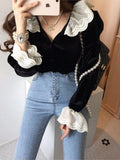 Yeknu  Autumn Velvet Shirts Tops Women Lace Patchwork Fashion Ruffle Long Sleeve Ladies Blouses Vintage Korean Loose Woman Shirt