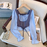 Yeknu  Women's Blue Striped Shirts and Blouses Y2k Vintage Harajuku Aesthetic 2000s Oversize Long Sleeve Shirt Outfits Fashion Clothes