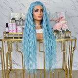 Yeknu  Blue Curly Wigs for Women Synthetic Lace Front Wig Long Loose Curly Blue Wig Heat Resistant Fiber Hair Wig Cosplay Party
