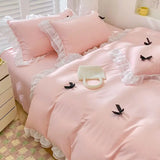 Yeknu  French Ins Princess Style Lace Four-piece Set Washed Cotton Embroidered Quilt Cover Set Bow Girly Heart Bed Sheet Three-piece