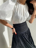 Yeknu  Summer Pullover T-Shirts Tops Women Korean Style Loose Lantern Short Sleeve Ladies Blouses Bow Fashion Ruffle Pleated Woman Tops