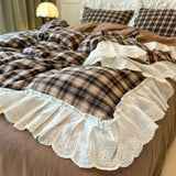 Yeknu  Korean-Style Red Plaid Washed Bedding Set - Vintage Lace Trim 4-Piece/3-Piece Dorm Sheet & Duvet Cover Set
