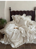 Yeknu  New Retro French Style 3D Oil Painting Floral Duvet Cover Set, Princess Ruffled 100% Cotton Dark Coffee Color 4-in-1 Bedding Set