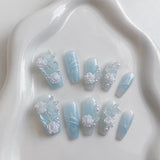 Yeknu  10 pieces of handmade coffin shaped nails, beautiful fake nails, light blue gradient nail art, three-dimensional white flowers,