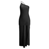Yeknu  New Summer Fashion Backless Vacation Party Vestidos Satin Sexy Slim Slant Shoulder Solid Color Slit Casual Long Dress Vestidos