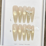 Yeknu  10pcs Handmade Long Almond Press on Nails Gradient French Cat Eye False Nails Pink Flower Design Fake Nails for Women Wearable