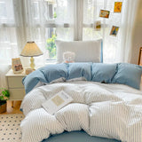 Yeknu INS Seersucker Stripes Duvet Cover Pillowcases Flat Sheet Girls Bedding Set Washed Cotton Solid Color Bed Linen Single Size