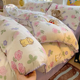 Yeknu Ins Bedding Set Purple Love Stripe Double Layer Yarn Four Piece Dormitory Girl Heart Bed Sheet And Quilt Set Washed Cotton