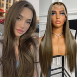Yeknu  13X4 Brown Wig Long Straight Synthetic Hair Lace Front Wig Natural Light Brown Brunette Colored Lace Frontal Wigs for Women