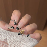 Yeknu  10pcs Retro Black and Gold Flower Handmade Press on Nails French-Style Painted False Nail for Women&Girl Removable Wearable Nail