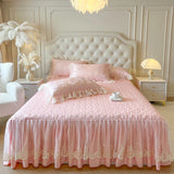 Yeknu 4/6Pcs Pink Butterfly Jacquard Three-layer Lace Ruffles Princess Wedding Bedding Set Duvet Cover Bed Skirt Bedspread Pillowcases