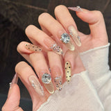Yeknu  10PCS Pink Nude False Nail with Rhinestones Leopard Cat-Eye Fake Nails Women Girls Party Wedding Wear Handmade Press on Nails