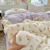 Yeknu  Floral Printed A-Class Ultra-Soft 100% Knitted Double Layer Yarn Bedding Set - 3/4 Pcs Student Dorm Fitted Sheet